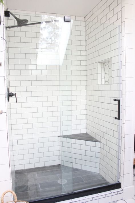 Neutral Shower Ideas Bathroom, Master Shower Corner Bench, Corner Shower Ledge, Shower With Corner Bench Seat, Corner Bench Shower Seat, Corner Shower With Seat, Tile Shower Ledge, Corner Shower With Bench, Corner Shelf In Shower