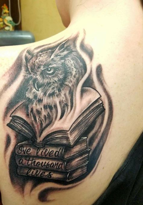 Book And Owl Tattoo, Owl And Books Tattoo, Owl With Books Tattoo, Owl Book Tattoo, Books Tattoo, Steampunk Drawing, Tattoo Thoughts, Ribcage Tattoo, Owl Books