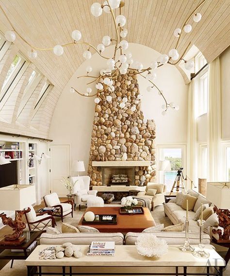 Statement-making chandeliers make these stylish spaces shine Orb Light Fixture, Beach Inspired Living Room, Vaulted Ceiling Ideas, Barrel Ceiling, Beach Inspired Decor, Tall Ceilings, High Ceilings, Pierre Frey, Decoration Inspiration