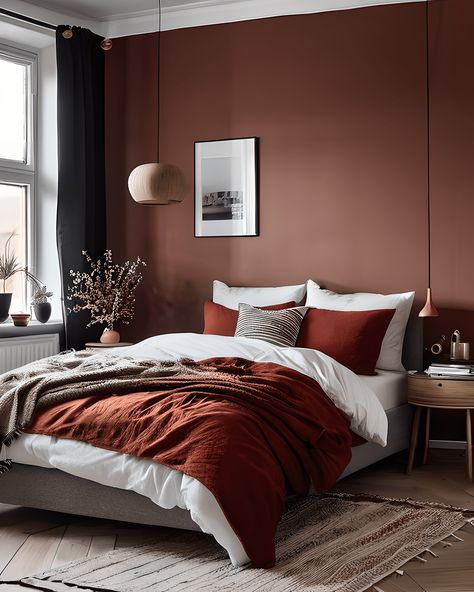 Autumn Colour Interior Design, Muted Orange Bedroom, Rust Red Bedroom, Rust Coloured Bedroom, Terracotta And Grey Bedroom, Brick Red Bedroom, Cinnamon Bedroom, Red Brown Bedroom, Autumnal Bedroom