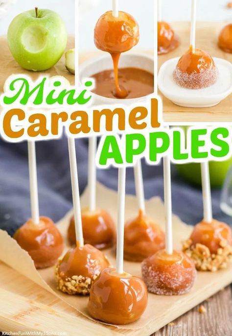 Healthy Kids Halloween Treats, Caramel Apples For Halloween, Carmel Apples Thanksgiving, Fall Kids Snack Ideas, Fall Baking Ideas Desserts, Kid Appetizers For Party, Mini Caramel Apples Bites, Fall Buffet Food Ideas, Friends Giving Food Ideas Easy