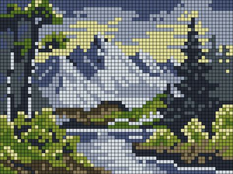 Alpha pattern #170595 | BraceletBook Mountains Alpha Pattern, Crochet Landscape Patterns, Perler Bead Landscape, Landscape Alpha Pattern, Art Alpha Pattern, Pixel Mountain, Pixel Art Nature, Big Pixel Art, Simple Alpha Patterns