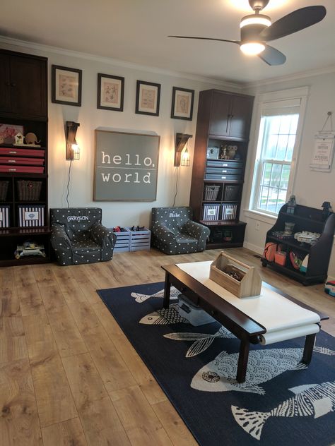 Industrial Playroom, Pottery Barn Playroom, Nebulous White, Cameron Wall System, Play Loft, Vintage Playroom, Industrial Interior Kitchen, Playroom Idea, Farmhouse Playroom