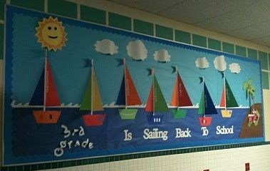 Sailing Back To School!” or “Sailing Into __________    Label the sails with various subjects/topics to be covered throughout the year 2) The Island. Using a scrap of brown bulletin board paper, create an “island” {cut a quarter-circle} in the bottom right corner. Add detailing as desired Nautical Classroom Theme, Nautical Classroom, Summer Bulletin Boards, School Hallway, Teacher Bulletin Boards, Preschool Bulletin, Preschool Bulletin Boards, Back To School Bulletin Boards, Bulletin Board Ideas