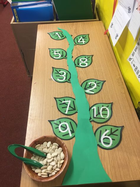 Jack and the Beanstalk Finger Gym. In this activity you have to put the right amount of beans onto the numbered leaves using the tweezers. Eyfs Jack And The Beanstalk, Fairy Tales Preschool Activities, Rhyming Preschool, Fairy Tales Preschool, Fairy Tale Activities, Nursery Rhymes Preschool, Fairy Tales Unit, Finger Gym, Funky Fingers