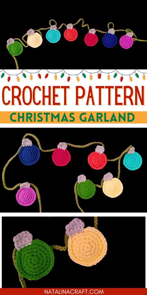 crochet christmas garland over a black background - 3 different pictues Crochet Ornament Garland, Crochet Light Garland, Crochet Garland For Christmas Tree, Crochet Paper Chain, Crochet Xmas Garland, Crochet Christmas Lights Garland, Crochet Christmas Bunting, Christmas Tree Garland Crochet, Crochet Christmas Garland Pattern