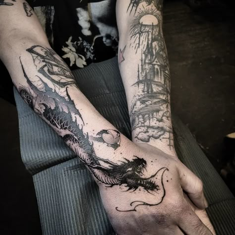 Castle Dragon Tattoo, Dragon Castle Tattoo, Dragon And Castle Tattoo, Dark Dragon Tattoo, Castle Tattoo, Dragon Sleeve, Gothic Castle, Ice Dragon, New Dragon