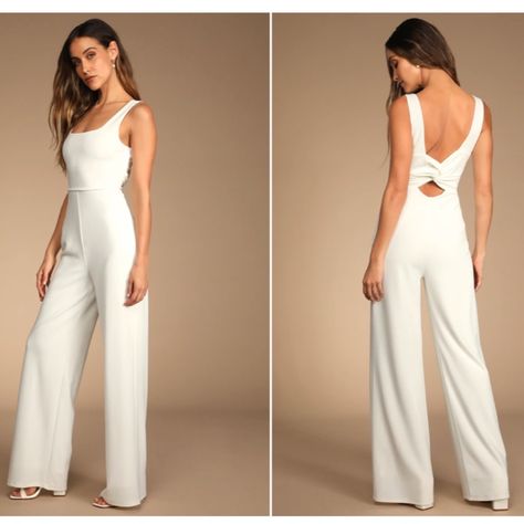 $59 Retail Lulu's Wedding Bridal Shower Rehearsal Dinner Jumpsuit Pantsuit X-Small X-Small Nwot Beam With Confidence In The Lulus Positive Twist White Sleeveless Twist-Back Wide-Leg Jumpsuit! Stretchy Crepe Knit Shapes This Jumpsuit That Has Wide Tank Straps, A Square Neckline, And A Darted Bodice. A High Waist Top Wide Legs That Continue Down To Ankle-Length Hems. The Low Cut Back Is Accented With A Twisted Detail And A Small Cutout. Hidden Side Zipper. Shell: 95% Polyester, 5% Spandex. Lining: Rehearsal Dinner Jumpsuit, Dinner Jumpsuit, Pageant Jumpsuit, Elopement Beach Wedding, Bride Jumpsuit, Purple Floral Maxi Dress, Elopement Beach, Cocktail Jumpsuit, Wedding Minimalist