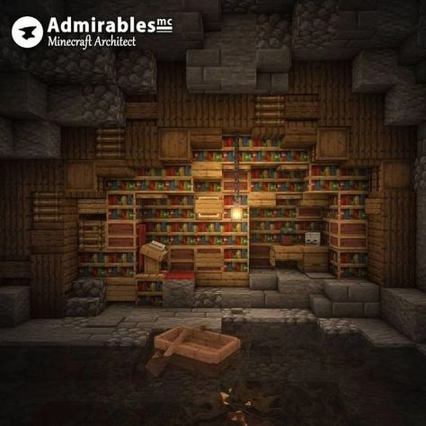 Minecraft Liminal, Cave Library, Minecraft Building Designs, Water Cave, Hidden Library, Minecraft Building Blueprints, Minecraft Wall, Minecraft Interior, Minecraft Structures