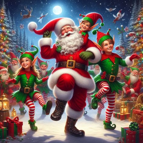 Santas Elves, Santa And Elves Pictures, Santa Claus Pictures Image, Pictures Of Santa Claus Christmas Art, Christmas Cartoon Pictures, Santa Claus Elves, Santa Fabric Panel Quilt, Home Wall Painting, Santa Art