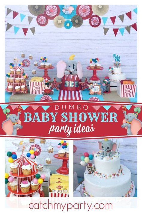 Check out this fun Dumbo themed birthday party! The dessert table is awesome! See more party ideas and share yours at CatchMyParty.com #catchmyparty #partyideas #babyshower #dumboparty #circusparty #dumbobabyshower Dumbo Themed Baby Shower Ideas, Dumbo Theme Party, Dumbo Party Ideas, Dumbo Baby Shower Theme, Carnival Party Foods, Dumbo Birthday Party, Dumbo Birthday, Vintage Party Ideas, Circus Cakes