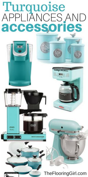 Teal Kitchen Appliances, Colorful Flooring, Diy Coffee Maker, Teal Room, Cook Wear, Turquoise Kitchen Decor, Kitchen Vibes, Girl Kit, Kitchens Ideas