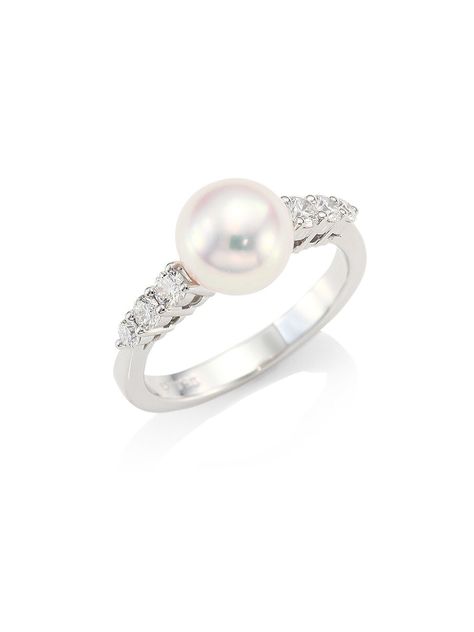 A smooth round pearl is showcased on an 18K white gold band with diamond accents. 8mm Akoya cultured pearl Diamond, 0.31 tcw 18K white gold Imported. Fine Jewelry - Pearl Jewelry > Mikimoto > Saks Fifth Avenue > Barneys. Mikimoto. Size: 6.5. | Mikimoto Morning Dew 18K White Gold, 8MM Cultured Akoya Pearl & Diamond Ring Mikimoto Jewelry, Pearl Diamond Ring, Favorite Engagement Rings, Mikimoto Pearls, Pearl And Diamond Ring, Morning Dew, Jewelry Rings Diamond, White Gold Band, Akoya Pearls