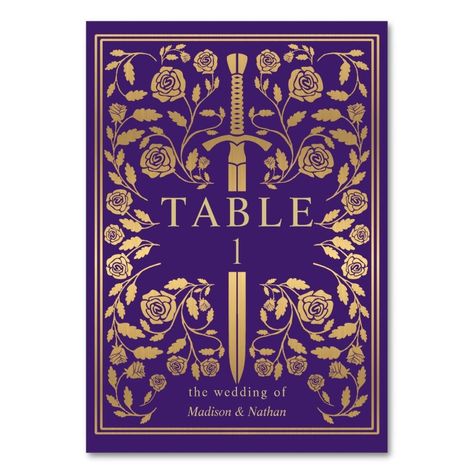 Purple Royal Medieval Sword Wedding Table Number  Zazzle Medieval Wedding Decorations, Mosaic Outdoor Table, Medieval Wedding, Swords Medieval, Wedding Table Number, Foil Invitations, Book Images, Wedding Table Numbers, Table Number