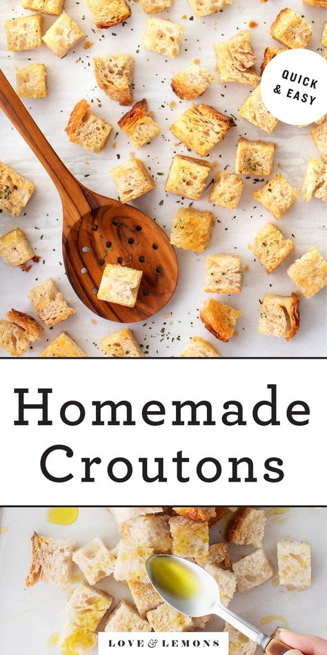 Learn how to make homemade croutons! This easy recipe calls for just 5 ingredients (!), and it comes out perfectly every time. The croutons are rich and crispy, with a delicious garlic flavor. Perfect for salads and soups! | Love and Lemons #croutons #howto #recipe #healthyrecipes How To Make Croutons, Croutons Recipe, Crouton Recipes, Hot Bread, Leftover Bread, Gimme Some Oven, Croutons Homemade, Stale Bread, Croutons