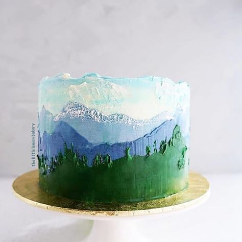 Faultline Cake, Mountain Wedding Cake, Lake Cake, Nature Cake, Mountain Cake, Camping Cakes, Cake Painting, Bike Cakes, Decoration Patisserie