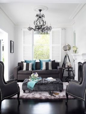 Oliver Interiors - living rooms - gray living room, gray sofa, 2 seat sofa, silver and black pillows, teal pillows, teal velvet pillows, pla... Aqua Living Room, Teal Living Room, Living Room Dark, Living Room Turquoise, Black Living, Gold Living, Room Dark, Room Brown, Brown Decor