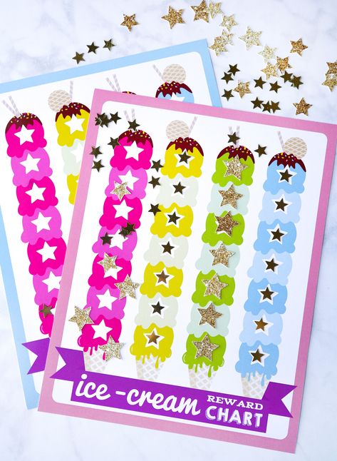 Reward positive behavior in kids in a fun way with a super-cute ice-cream reward chart - FREE download, includes gold glitter craft paper and SVG star cutout template! #freeprintables #rewardcharts #icecreamreward Ice Cream Reward Chart, Ice Cream Behavior Chart, Gold Glitter Paper, Free Games For Kids, Reward Chart Kids, Seuss Party, Troll Party, Free Printable Cards, Minion Party