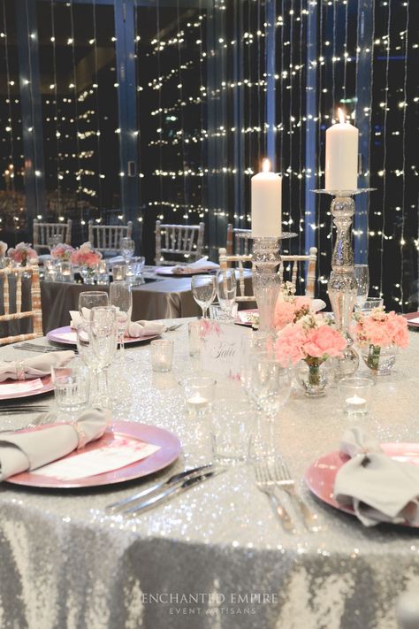 Pink Silver Wedding Theme, Pink White Silver Wedding Decor, Pink And Silver Table Decorations, Silver And Pink Decor, Pink And Silver Wedding Decorations, Pink Silver White Party Decor, Sweet 16 Pink And Silver Theme, Pink And Silver Decor, Pink And Silver Quinceanera Theme