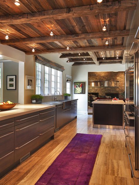 really like the cabinets, countertops, and ceiling... Rustic Ceiling Light Fixtures, Rustic Track Lighting, Modern Track Lighting, Rustic Ceiling Lights, Kitchen New York, Rustic Ceiling, Wooden Ceiling, Cabin Lighting, Ceiling Light Design