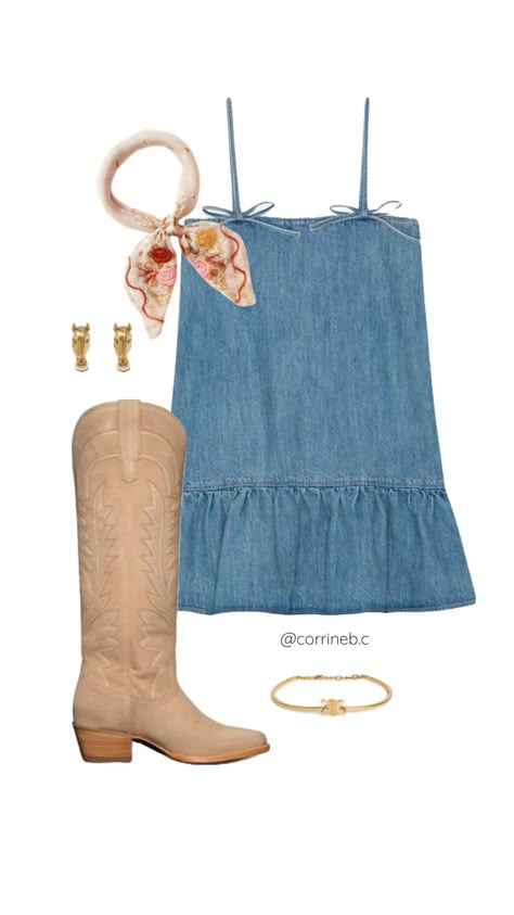 summer country concert outfits #outfitinspo #fashion #western #westernaesthetic #westernfashion #countryconcertoutiftidea Old Money Country Outfits, Jean Dress Outfit Country Concert, Country Concert Outfit Denim, Denim Dress Country Concert, Country Concert Outfit Denim Romper, Country Concert Outfit Tan Boots, Rodeo Fits, Rush Week Outfits, Summer Country Concert Outfit