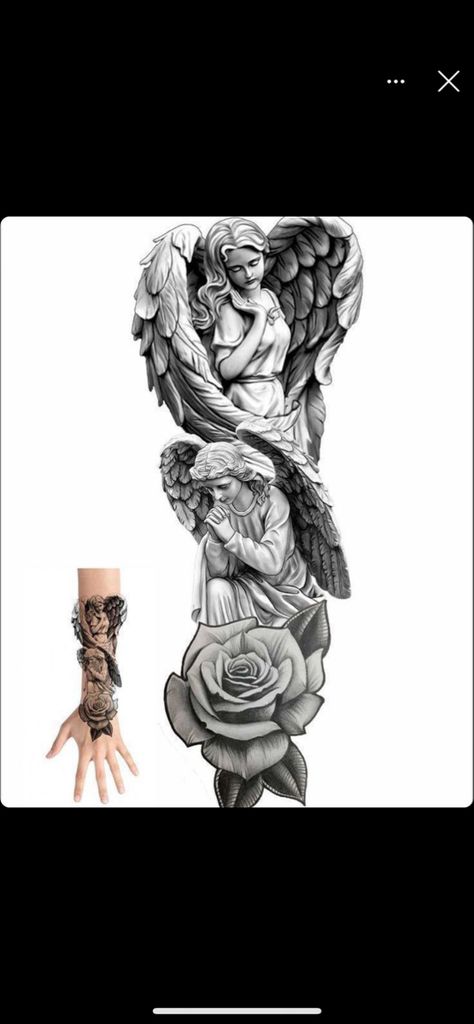 Angel Arm Sleeve Tattoo, Angel And Roses Tattoo Design, Angel Tattoo For Women Sleeve, Big Tattoo Designs For Women, Big Cover Up Tattoos Men, Big Angel Tattoo, Angel Sleeve Tattoo Women, Angel Tattoo Ideas For Women, Big 5 Tattoo