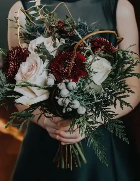 Picture Of a lush winter wedding bouquet with red and blush blooms, thistles, vine, ferns and berries Yellow Wedding Flowers, Winter Wedding Bouquet, Winter Bouquet, Wedding Arch Flowers, Winter Wedding Flowers, Arch Flowers, Rustic Wedding Flowers, Fall Wedding Flowers, White Wedding Flowers