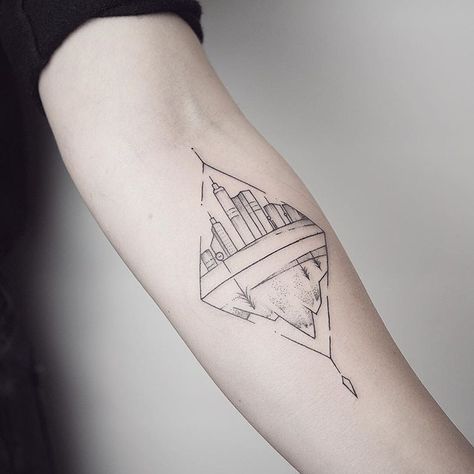 Rhombus shaped city and mountain tattoo - Tattoogrid.net Mountain Landscape Tattoo, Labyrinth Tattoo, Mountain Tattoos, Australia Tattoo, Tiny Tattoos For Women, Inner Forearm Tattoo, New York Tattoo, City Tattoo, Landscape Tattoo