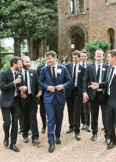 Groom Different Suit Than Groomsmen, Navy Tux Wedding Groom & Groomsmen Suits, Navy Blue And Black Tuxedo Wedding, Blue Tux Wedding, Blue And Black Wedding, Ruins Wedding, Barnsley Resort, Navy Tux, Groom Blue Suit