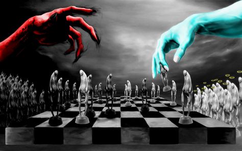 A chess battle between God and Satan. Amazing idea. And the chess figures are so creepy, they remind me of Silent Hill. Machine Learning Deep Learning, Ange Demon, Heaven And Hell, Good And Evil, Angels And Demons, Deep Learning, Salvador Dali, Fallen Angel, Dali