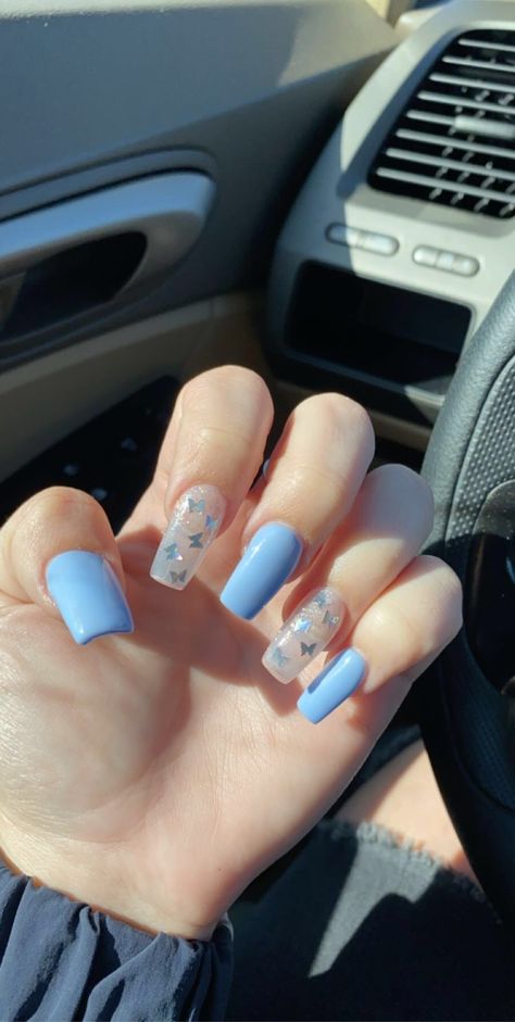 Blue Butterfly Nails, Nail Art Bleu, Butterfly Nail Designs, Blue Glitter Nails, Baby Blue Nails, Butterfly Nails, Pointy Nails, Blue Acrylic Nails, Cute Acrylic Nail Designs