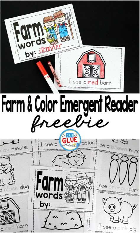 Farm and Color Emergent Reader is perfect way to teach students about farm and color words. This free printable is perfect for preschool, kindergarten, and even first grade. It is a great addition to a farm theme or unit. Farm Kindergarten, Farm Activities Preschool, Farm Animals Preschool, Farm Lessons, Farm Theme Preschool, Farm Books, Farm Unit, Farm Animals Theme, Farm Preschool