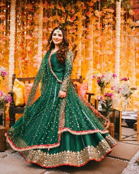 The Prettiest Deep Green Mehendi Lehengas We Spotted On Real Brides! Dress For Mehndi Function, Dresses For Mehndi Function, Dress For Mehndi, Green Wedding Suit, Mehndi Function, डिजाइनर कपड़े, Mehndi Outfit, Mehndi Dress, Mehendi Outfits