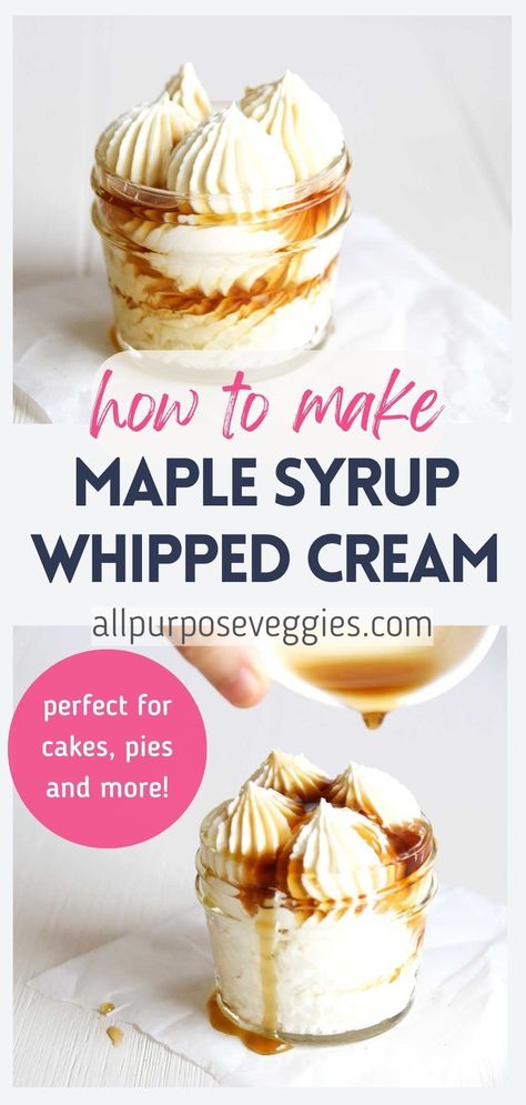 If you've ever been disappointed about your maple syrup whipped cream or chantilly cream deflating too quickly, you'll appreciate this version, a thick and rich maple whipped cream that pipes well and stays picture-perfect for hours. The addition of the softened cream cheese is what gives this whipped cream its lush, velvety texture. Pipe them onto your breakfast pancakes or any dessert in need of a maple-kissed indulgence. #maplefrosting #whippedcream #chantilycream Maple Bourbon Whipped Cream, Maple Syrup Whipped Cream, Whipped Maple Syrup, Maple Cinnamon Whipped Cream, Thick Whipped Cream, Maple Whipped Cream Recipe, Pumpkin Cauliflower, Vanilla Bean Whipped Cream, Gluten Free Pumpkin Cake