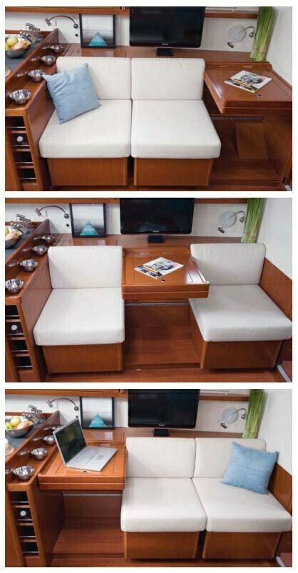 Cool seating options. Beneteau Oceanis, Narrowboat Interiors, Boat Interior Design, Sailboat Interior, Boat Interiors, Narrow Boat, Sailboat Living, Living On A Boat, Kombi Home