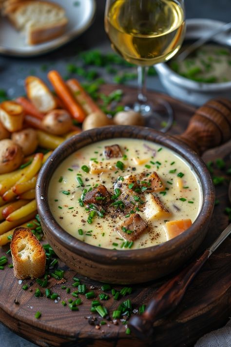 Cheese soup with croutons, roasted vegetables, and a glass of white wine on a wooden board. Chinese Fondue Ideas, Gluten Free Fondue, Fondue Board, Fondue Ideas, Cheddar Fondue, Cheesy Spinach Artichoke Dip, Swiss Cheese Fondue, Cheese Fondue Recipe, Fondue Restaurant