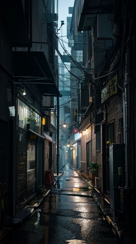 Scifi Slums, Japan Street Drawing, Alleyway Aesthetic, Japan Scenery, Urban Background, Japanese Town, Wattpad Background, Back Alley, Beautiful Wallpapers For Iphone