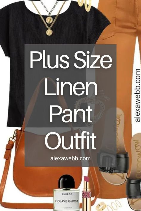 A plus size casual outfit for summer into fall with rust linen pants, a black top, and sandals by Alexa Webb. Summer Outfits Plus Size 2024, Plus Size Capri Outfits, How To Style Linen Pants Casual, Linen Pants Outfit Plus Size, Plus Size Linen Pants Outfit, Casual Outfit For Summer, Plus Size Linen Pants, Khaki Linen Pants, Beige Linen Pants