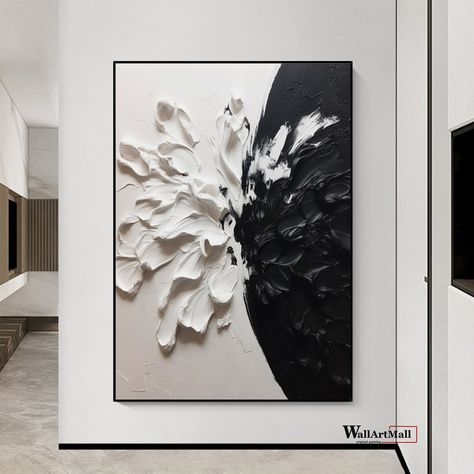 Black And White Abstract Painting, White Abstract Painting, Star Painting, Large Decor, Hand Painted Wall Art, Oil Painting Texture, Hand Painted Walls, Art Texture, Flower Artwork