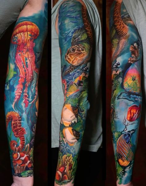 Underwater Tattoo Sleeve Color, New School Ocean Tattoo, Ocean Sleeve Tattoos Color, Ocean Animals Tattoo Sleeve, Sea Life Sleeve Tattoos For Women, Marine Life Sleeve Tattoo, Ocean Tattoo Sleeve For Women Colour, Under Water Tattoo Sleeve, Colorful Flower Sleeve Tattoos For Women