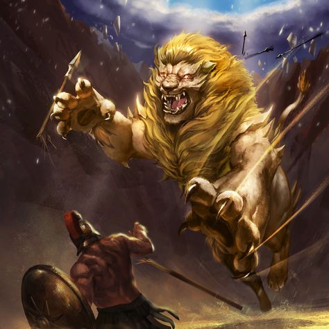 Lion Monster, Nemean Lion, Fantasy Races, Lion Art, Mythological Creatures, Card Art, Lion Sculpture, Lion, Cute Animals