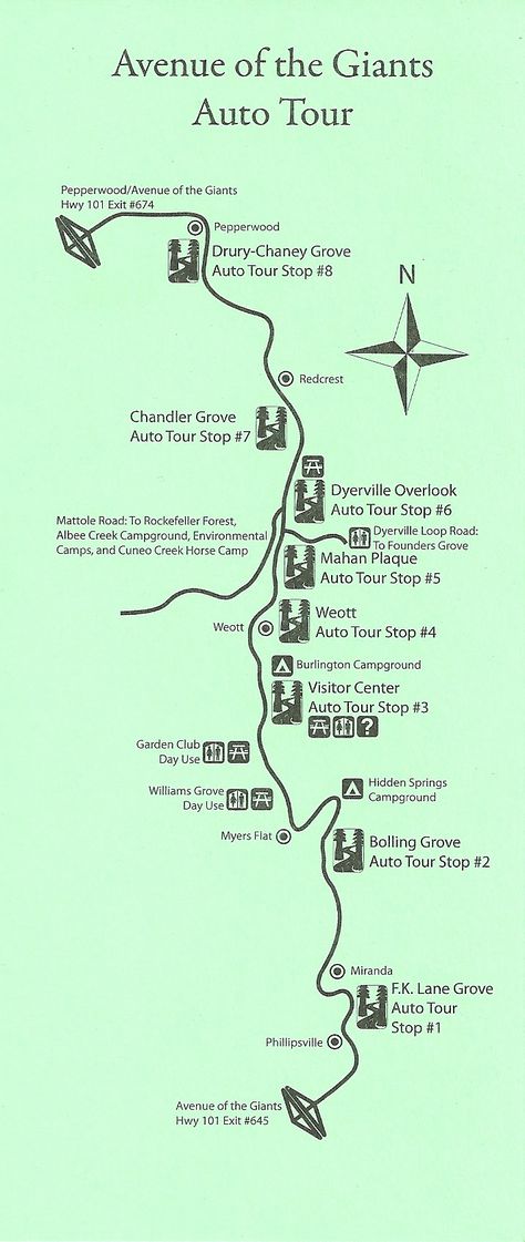 Click to download a larger Avenue of the Giants map Grand Circle National Parks, Trail Of 100 Giants, Giant Redwoods California, Fernwood Campground Big Sur, Northern California Road Trip, Pacific Coast Road Trip, Avenue Of The Giants Northern California, Coast Redwood, Humboldt Redwoods State Park