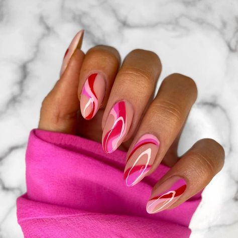 Pink Red Swirl Nails, Subtle Barbie Nails, Almond Nails Pink, Swirl Nail Art, Swirl Nails, Minimal Nails, Her Nails, Almond Nails Designs, Nail Tattoo