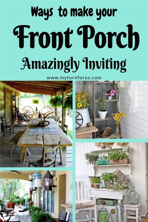 Showcasing our love of the Country Front Porch with a collection of Farmhouse designs, decor, furnishing, and vintage decor items. Country Front Porches, Front Porch Furniture, Rustic Front Porch, Porch Table, Summer Porch Decor, Spring Porch Decor, Vintage Porch, Farmhouse Designs, Rustic Porch