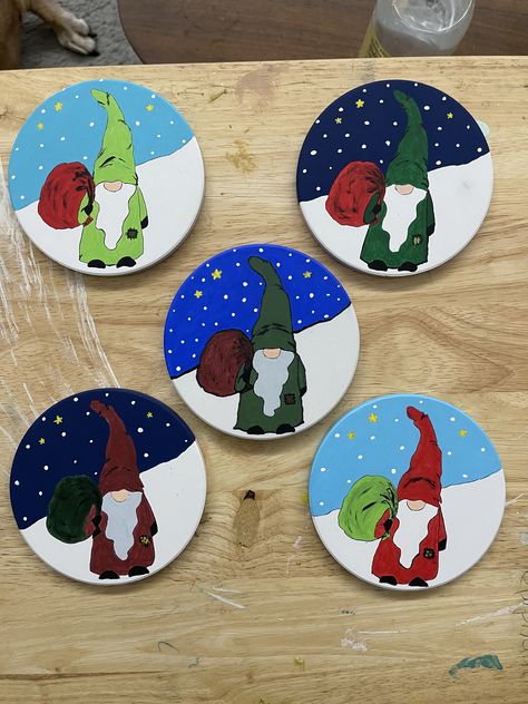 Acrylic paint on ceramic coasters Christmas Coasters Painted, Ceramic Coasters Painted, Handpainted Coasters Christmas, Handpainted Coaster, Hand Painted Coasters Square, Miniature Embroidery, Blue Wedding Bouquet, Diy Gnomes, Ceramic Coasters