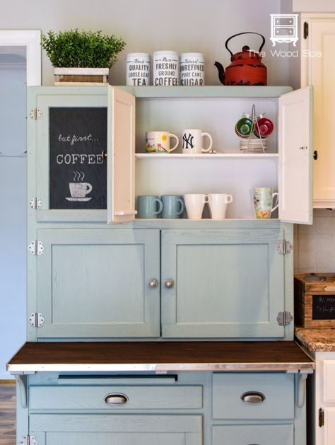 This is how I turned this old, beat-up Hoosier Cabinet into a Coffee Bar for my kitchen. I always wanted to have a coffee bar in my kitchen. This old, beat-up Hoosier Cabinet I found on Craigslist had the perfect dimensions for my space so I decided to buy it. It had been painted and stripped a million times and the wood was in horrible shape inside and out so I had to use a lot of wood filler to fix all holes and scratches. I also . scrubbed it with soapy water to remove years of… Hoosier Cabinet Makeover, Hoosier Cabinet Ideas, Bar Furniture For Sale, Small Coffee Bar Ideas, Cabinet Coffee Bar, Small Coffee Bar, Wood Spa, Coffee Cabinet, Hoosier Cabinets