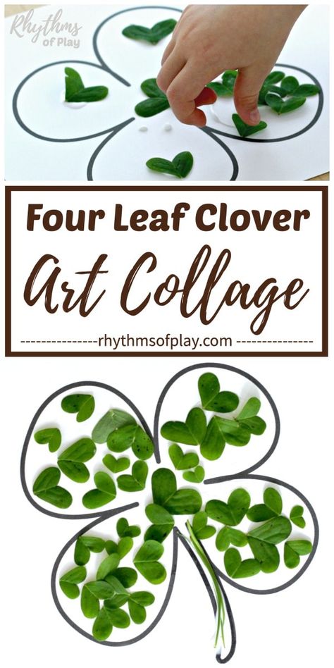 Saint Patricks Day Art Collage for Kids! Can't find a lucky four-leaf clover? Make one with our FREE printable and clover found in nature, or, any of the other fun craft supplies listed! Making lucky four-leaf clover collage art is a quick and easy craft project for toddlers, preschoolers, kindergarteners, and kids of all ages! Collage For Kids, Crafts For School, Clover Craft, Free Jewelry Making Projects, Diy Crafts For School, Saint Patricks Day Art, Lucky Four Leaf Clover, Diy Blanket Ladder, Nature Collage