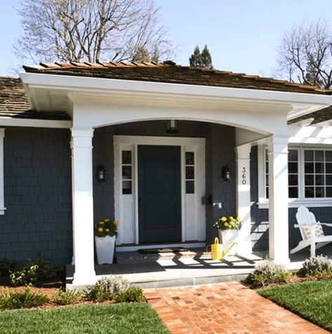 Small porch with a hipped roof. I like the roofline and the low arch, as well as the door color. Front Porch Addition, Patio Addition, Senior Apartments, Porch Addition, Building A Porch, Front Porch Design, Home Exterior Makeover, Small Front Porches, Hip Roof