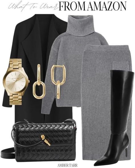 Winter Outfit Party, Gray Sweater Outfit, Dress Knee High Boots, Sweater Skirt Outfit, Grey Sweater Outfit, Rich Clothes, Zipper Dress, Amazon Gadgets, Formal Casual