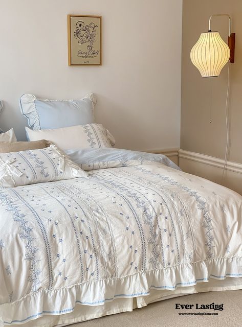 Embroidered French Lace Ruffle Bedding Set / Blue New Room Ideas Cozy, Cute Bedding Aesthetic, Room Inspo Blue, French Blue Bedroom, Bedding Blue, Ruffle Duvet Cover, Luxurious Bedding, Blue Comforter Sets, Soft Bedroom